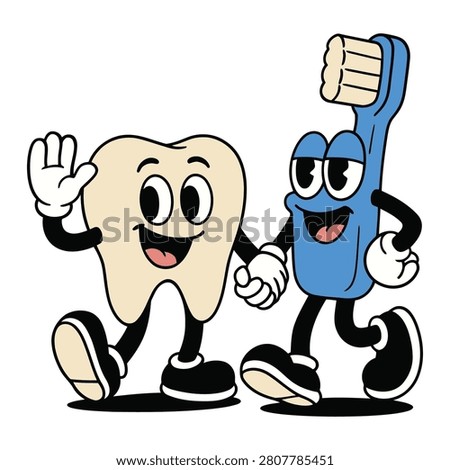 Playful vector illustration of a smiling tooth and toothbrush duo promoting dental health. The tooth waves cheerfully, while the toothbrush holds itself up with a big smile. Bold black outlines and simple features make them perfect for campaigns, ads, or educational materials, ideal for kids and families to encourage good oral care habits and healthy smiles.