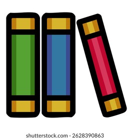 Uma ilustração vetorial lúdica de três livros estilizados em verde, azul e vermelho, com sotaques dourados, inclinando-se uns contra os outros, criando uma composição dinâmica e colorida.