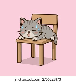 A playful vector illustration of a tired cat mascot sleeping on a chair during a hot summer day, with visible sweat drops that emphasize the heat and exhaustion.