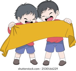 A playful vector illustration of two cheerful cartoon twin characters holding a large yellow cloth, creating a perfect template for adding text or messages