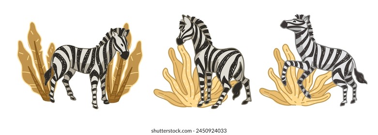 A playful vector illustration of zebras in various poses grazing among savannah grasses, perfect for educational material.