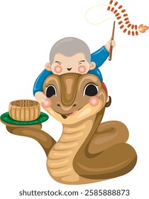 A playful vector of kids on a wooden snake holding a mooncake, capturing Lunar New Year joy. Great for invitations, packaging, and decorative designs. Fully editable EPS file!