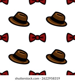A playful vector pattern featuring alternating illustrations of hats and bow ties on a white background. The hats are brown with a black band, while the bow ties are red