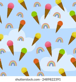 Playful vector pattern featuring colorful ice cream cones and rainbows against a light blue sky with fluffy clouds, perfect for children’s products, summer-themed designs, and cheerful decor.