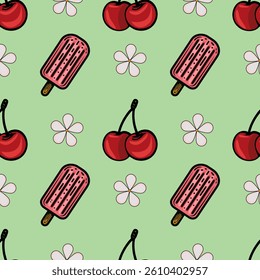 A playful vector pattern featuring popsicles, cherries, and flowers on a light green background. The design is colorful and fun, perfect for summer themes.
