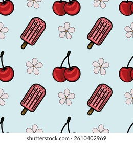 A playful vector pattern featuring popsicles and cherries on a light blue background, with simple flower outlines interspersed.