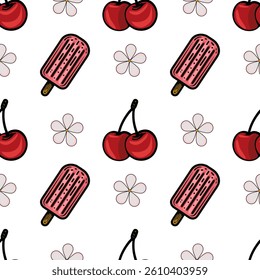 A playful vector pattern featuring popsicles, cherries, and flowers on a white background. The popsicles are pink with a wooden stick, while the cherries are bright red, adding a fun and summery vibe.