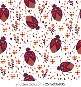 Playful vector pattern featuring red bugs, floral elements, and dotted accents on a whit background. Perfect for textiles, wallpapers, gift wrap, and creative designs with a bold, nature-inspired them