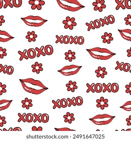 Playful vector pattern featuring repeating elements of red lips, "XOXO" text, and red flowers on a white background. The design creates a fun and romantic vibe.