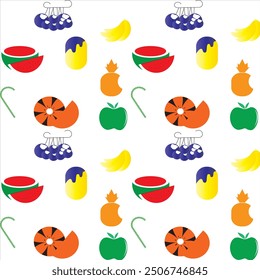 A playful vector pattern featuring various fruits like apples, bananas, grapes, oranges, watermelons, and pineapples, along with ice cream and candy. Ideal for summer-themed projects, kids' products.