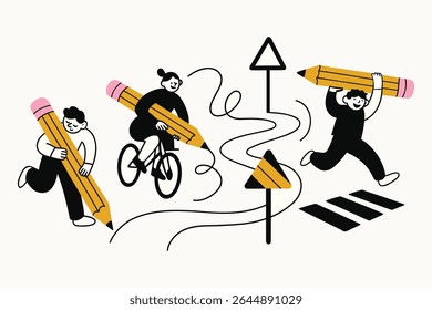 Playful vector of people creatively drawing roads and traffic signs with oversized pencils. Whimsical and dynamic scene perfect for creativity, imagination, planning, and learning concepts.