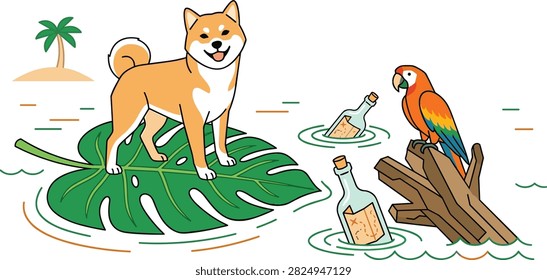 A playful vector scene featuring a dog and parrot on a sea adventure with hidden treasure maps in bottles. Ideal for summer travel themes, children's content, and nautical branding.
