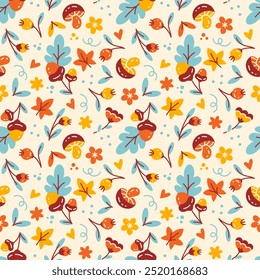 Playful vector seamless pattern. Autumn harvest. Leaves, nuts, mushrooms and flowers. Cozy flat style background. Season wallpaper. Muted cream tone. Comfort color textile with the warmth of fall