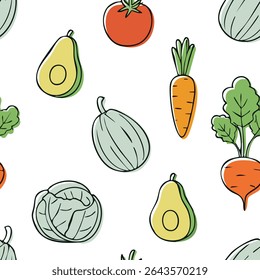 Playful Vector Seamless Pattern with Hand-Drawn Fruits and Vegetables – Carrot, Apple, Pepper, and More in Fun Cartoon Style