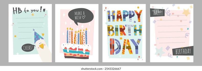 Un juego de Vector juguetón de cuatro diseños de tarjetas de cumpleaños. Incluye un sombrero de fiesta con HB para ti, un pastel con velas que dicen Pide un deseo, cartas de feliz cumpleaños en negrita y Plantillas en blanco para mensajes