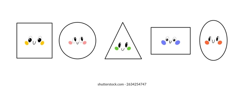 Playful vector set of simple faces on basic shapes outline – square, circle, triangle, rectangle, and oval, fun and friendly design for children.