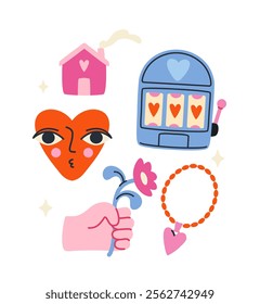 Playful vector sticker set featuring a house, heart face, slot machine, bracelet, and hand holding a flower. Ideal for creative designs, decoration, and crafts