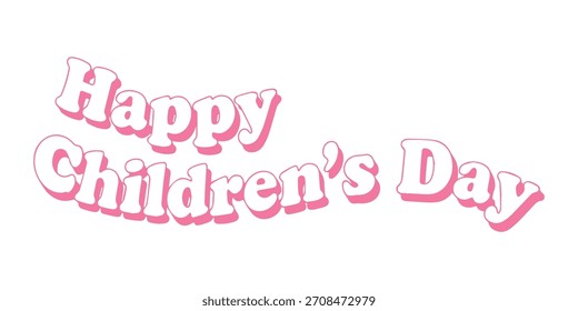 Tipografia vetorial lúdica para "Happy Children's Day" em uma fonte de bolha estilo retro dos anos 70 com um contorno colorido. Perfeito para cartazes de eventos divertidos e convites para festas.