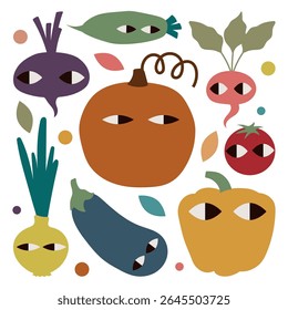 Playful Vegetables with Eyes Set Vector Illustration. Includes pumpkin, eggplant, onion, and carrot in a colorful and fun design perfect for children and autumn themes.