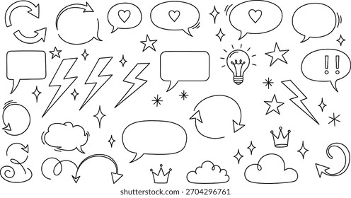Uma coleção divertida e versátil de linhas tracejadas desenhadas à mão rabiscam elementos, incluindo bolhas de fala, raios, estrelas e nuvens.