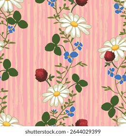 A playful vertical wildflower weave adorned with daisies, red clover, and blue speedwells on a striped background perfect for girly accessories or spring, summer branding projects.