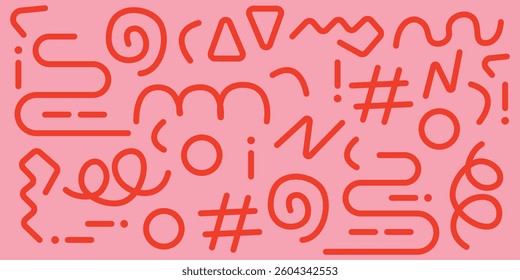 A playful and vibrant abstract background featuring bold red lines forming dynamic shapes and symbols on a soft pink background. This modern and creative design is perfect for branding, packaging.
