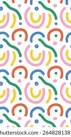A playful and vibrant abstract pattern featuring colorful curved lines and dots in a repeating, organic arrangement on a clean white background.