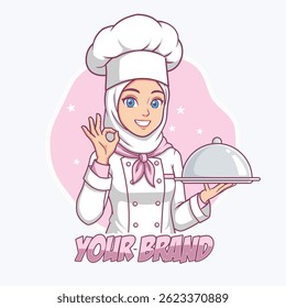 A playful and vibrant cartoon illustration of a chef in a hijab, smiling and holding a covered dish with a perfect "OK" hand gesture. The design is ideal for culinary brands and food-related businesse