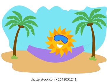 Uma ilustração de desenho animado e vibrante retratando um personagem feliz e antropomórfico do sol usando óculos de sol, relaxando em uma rede roxa presa entre duas palmeiras altas