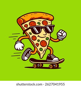 Playful and vibrant cartoon illustration of a pizza slice character riding a skateboard.