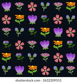 Un patrón de azulejo floral juguetón y vibrante con un diseño de cuadrícula. Presenta varias flores estilizadas en coloridos marcos cuadrados con una alegre mezcla de tonos amarillos, azules, verdes y rosados. Perfecto para el niño