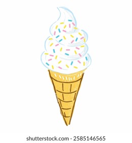 A playful and vibrant hand drawn illustration of an ice cream cone with a swirled top, adorned with sprinkles