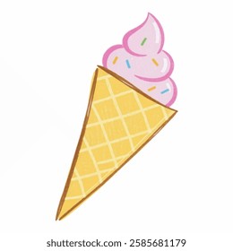 A playful and vibrant hand drawn illustration of an ice cream cone with a swirled top, adorned with sprinkles