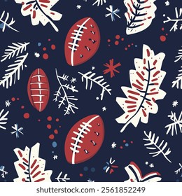 A playful and vibrant pattern featuring footballs and autumn leaves against a dark blue background. 