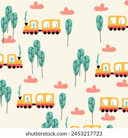 Playful and vibrant repeating pattern featuring orange, pink, and black trains amidst whimsical trees. Perfect for children's designs, this lively and colorful background adds a sense of joy and excit