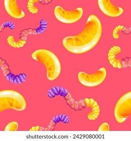 A playful and vibrant seamless pattern with assorted candies and gummy worms on a bright pink background, vector illustration for delightful designs