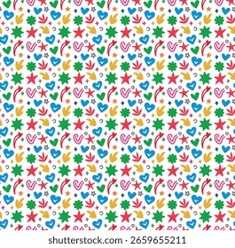 Playful and vibrant seamless pattern with colorful hearts, stars, clovers, moons, flowers, and abstract shapes on white background for cheerful projects