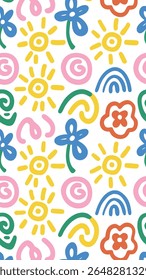 A playful and vibrant seamless pattern featuring hand-drawn elements like suns, flowers, rainbows, and abstract shapes in a cheerful color palette on a white background.