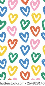 A playful and vibrant seamless pattern featuring hand-drawn hearts in bright colors like pink, blue, yellow, green, and orange against a clean white background.