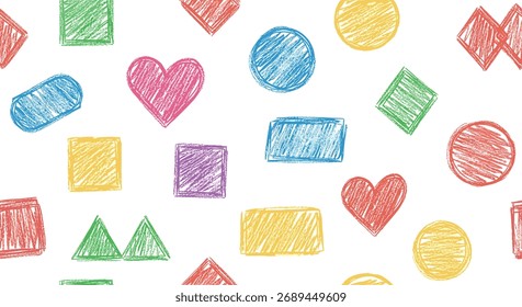 Um padrão contínuo lúdico e vibrante com uma variedade de formas geométricas desenhadas à mão em cores brilhantes, semelhantes a giz de cera, sobre um fundo branco.