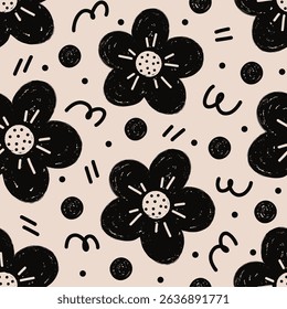 A playful and vibrant seamless pattern with hand drawn style flowers, polka dots and scribbles on light green background.