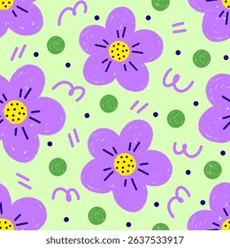 A playful and vibrant seamless pattern with hand drawn style flowers, polka dots and scribbles on light green background.