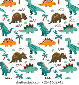 A playful and vibrant seamless vector pattern featuring various cartoon dinosaurs, palm trees, and playful lines. Ideal for textiles, stationery, kids' products, and background designs