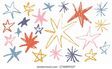 Un juego juguetón y vibrante de estrellas dibujadas a mano en varias Formas y tamaños con una textura de crayón. Aislada sobre un fondo de rejilla, esta colección es perfecta para diseños infantiles y decoraciones festivas.