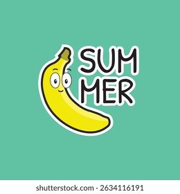 A playful and vibrant summer-themed illustration featuring a cheerful yellow banana character with a smiling face, combined with bold, black-outlined “SUMMER” typography on a bright green background.