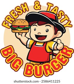 A playful and vibrant vector logo featuring a smiling chef holding a delicious burger. Perfect for restaurants, food trucks, or fast food brands