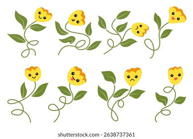Playful vintage groovy flowers collection with green leaves and wavy stem, cartoon character illustration with different emoticon face expression.