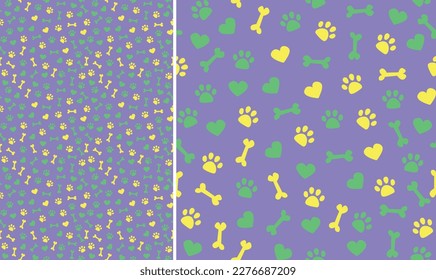 Playful violet background with bones, hearts, dog paws, pet paw. Funky, colorful vibe, vibrant palette wallpaper. Simple, clean, modern texture. Summer seamless pattern,Birthday decoration of present.