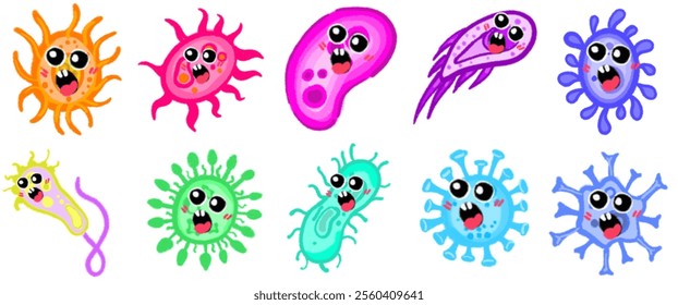 Playful Virus Character Illustrations: Hand-Drawn Microbial Representations for Use in Medical, Pharmaceutical, and Educational Applications