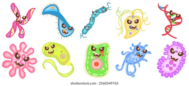 Playful Virus Character Illustrations: Hand-Drawn Microbial Representations for Use in Medical, Pharmaceutical, and Educational Applications